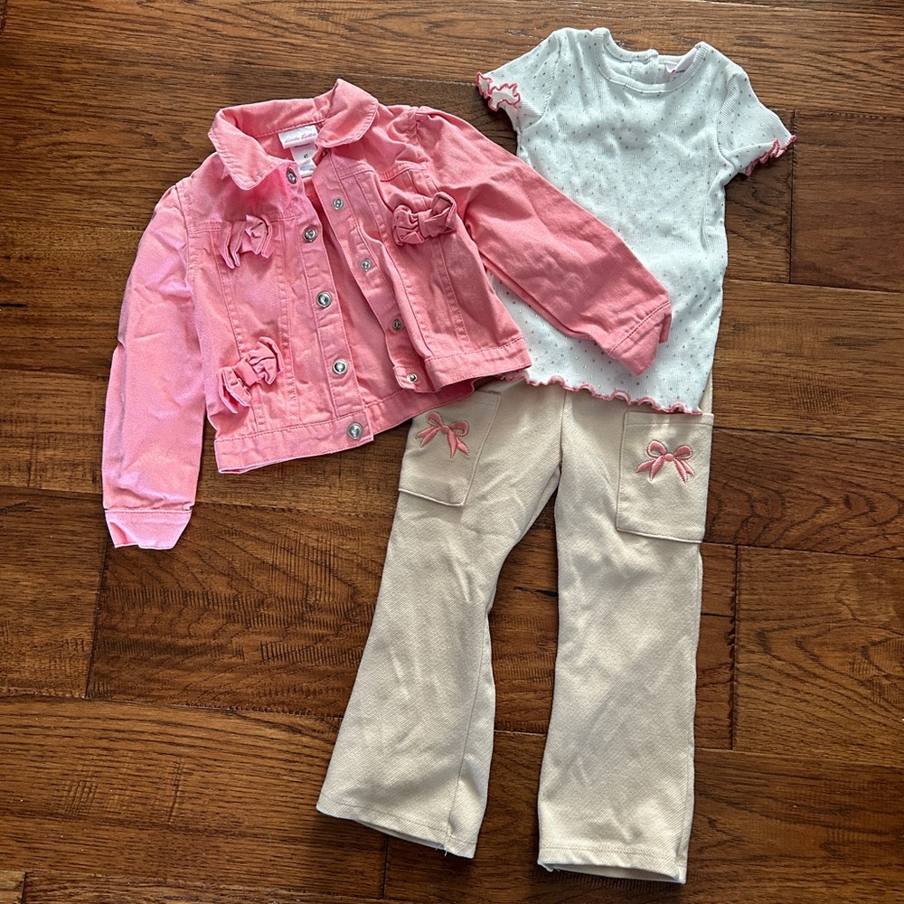 Little Lass Toddler Bow Clothing Set - Size 4T - Jacket, Shirt, Pants - Pink